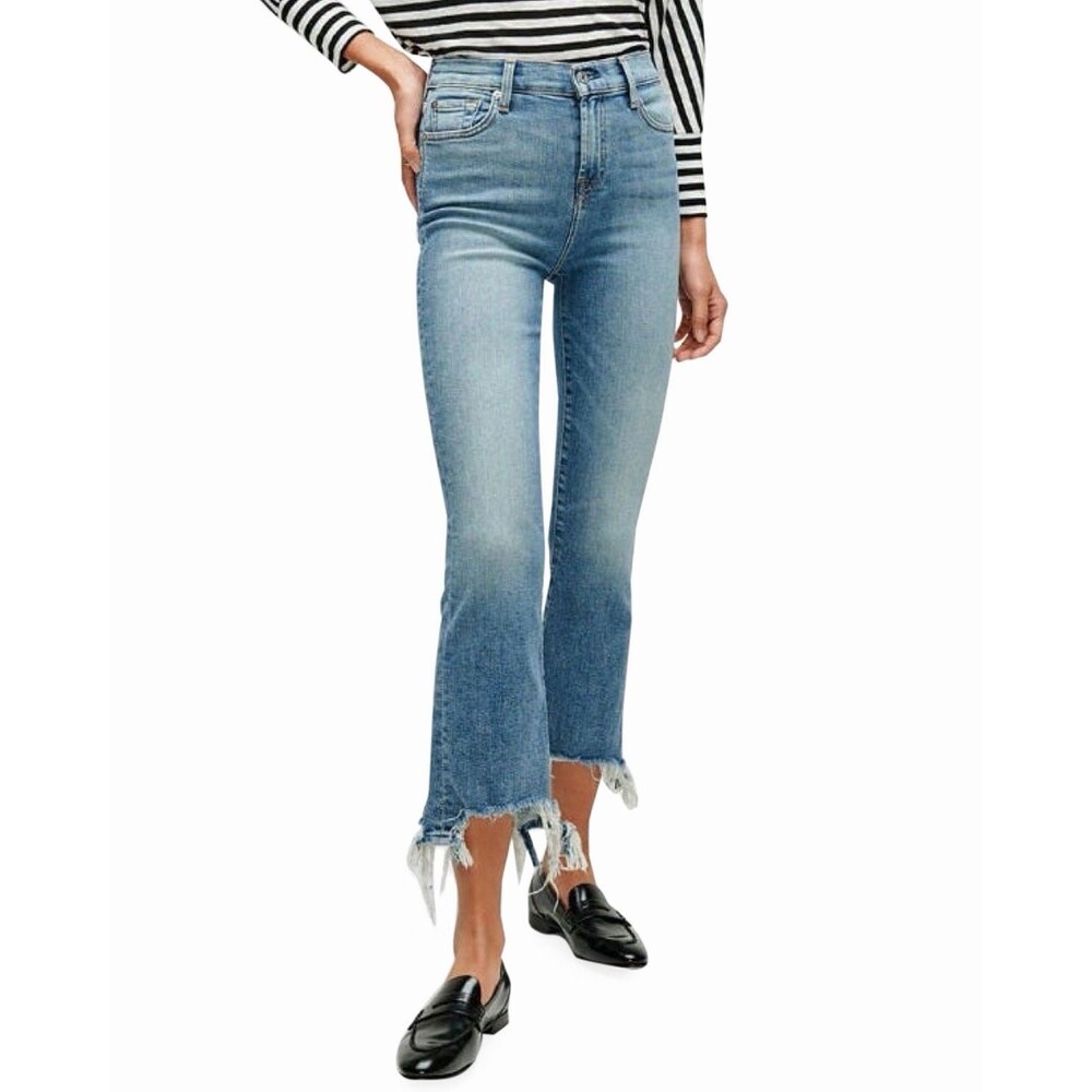 7 For All Mankind High-Waist Slim Kick Jeans Chewed Hem Cropped Flare